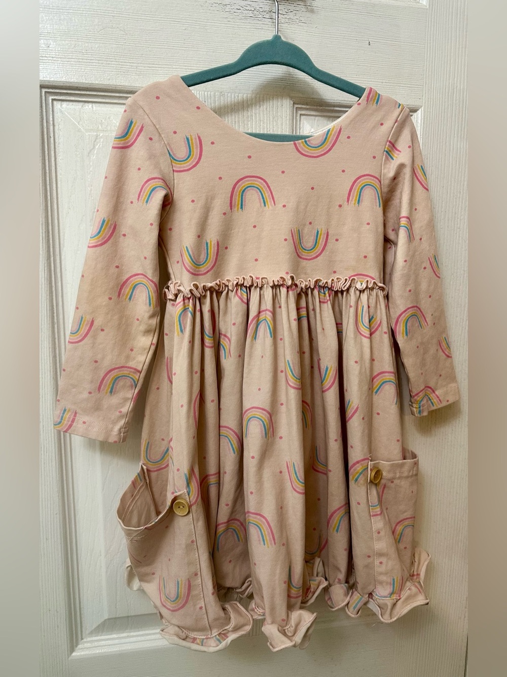 Sweet Honey Rainbow Twirl Dress with Wooden Button Detail, 3T